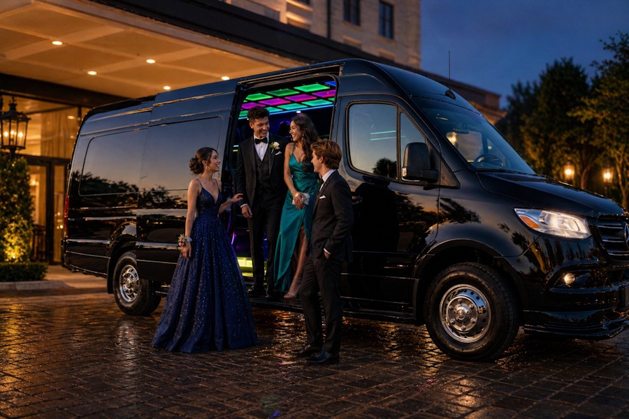 Black Sprinter van for prom transportation with formally dressed passengers