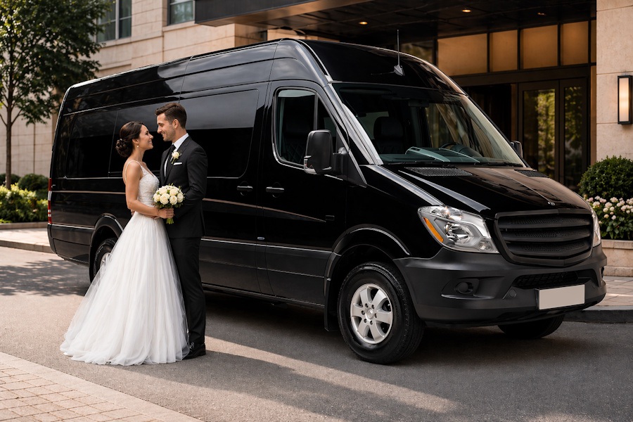 newlyweds standing in front of a van